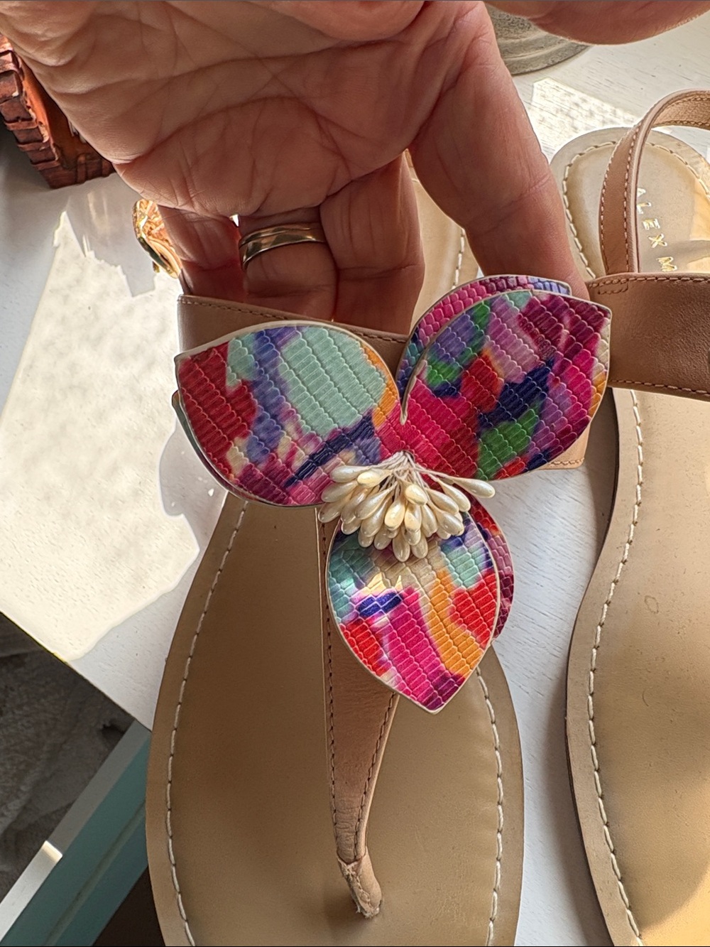 Alex Marie Tan Sandals with Multicolor Floral Accent